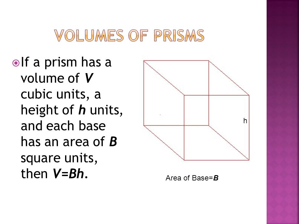  If a prism has a volume of V cubic units, a height of h units, and each base has an area of B square units, then V=Bh.