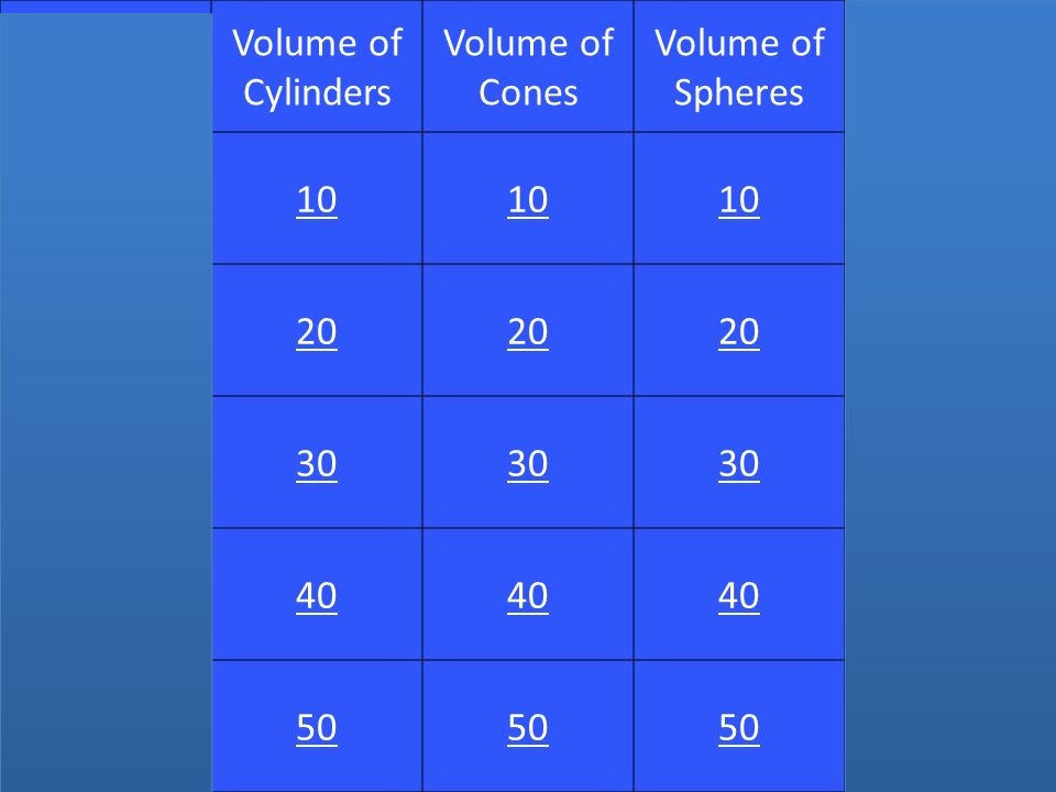 Volume of Prisms Volume of Cylinders Volume of Cones Volume of Spheres Potpourri