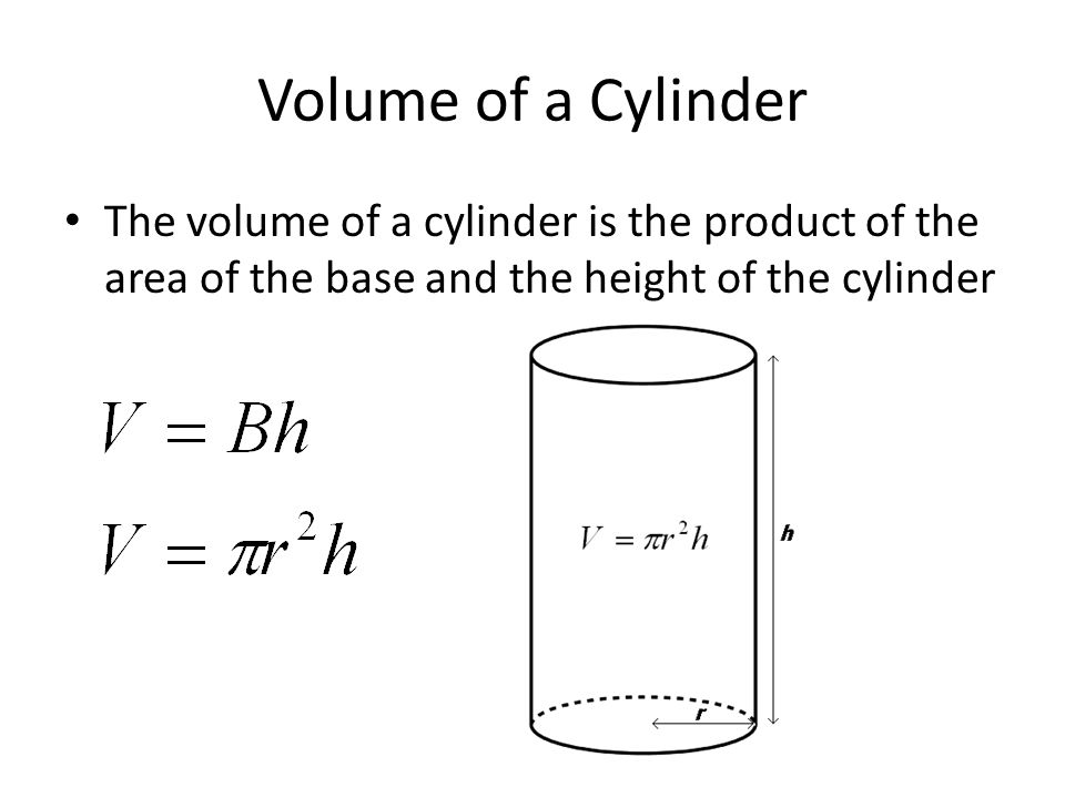 Volume of a Cylinder The volume of a cylinder is the product of the area of the base and the height of the cylinder