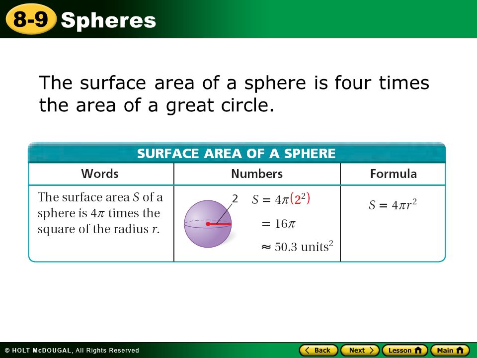 Spheres 8-9 The surface area of a sphere is four times the area of a great circle.