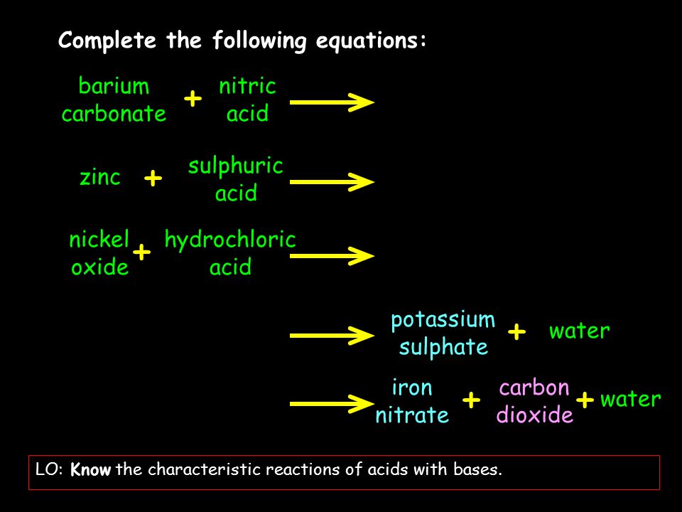 Complete the following equations: barium carbonate nitric acid barium nitrate water ++ zinc sulphuric acid zinc sulphate hydrogen ++ nickel oxide hydrochloric acid nickel chloride water ++ potassium hydroxide sulphuric acid potassium sulphate water ++ iron carbonate nitric acid iron nitrate water ++ LO:Know the characteristic reactions of acids with bases.