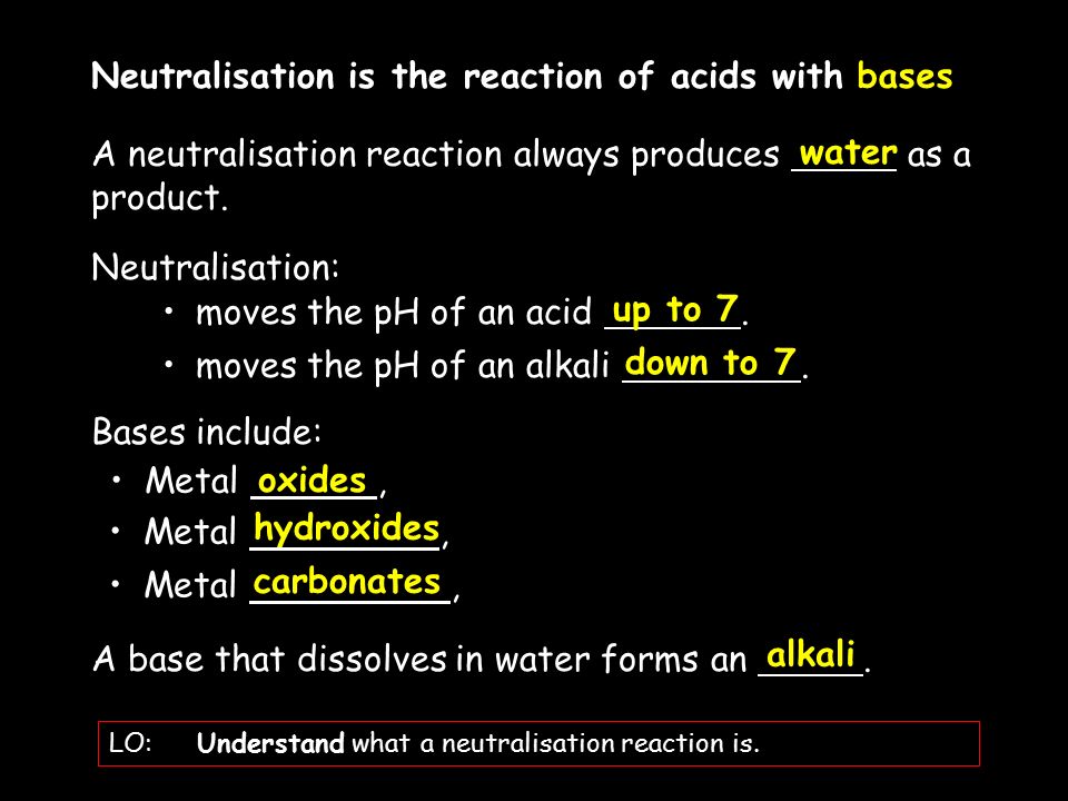 Neutralisation is the reaction of acids with Metal, A base that dissolves in water forms an.