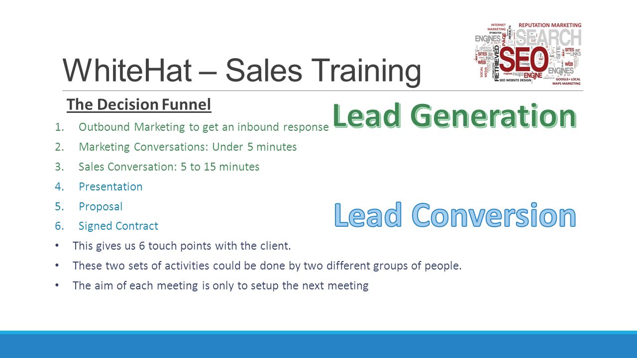 WhiteHat – Sales Training The Decision Funnel 1.Outbound Marketing to get an inbound response 2.Marketing Conversations: Under 5 minutes 3.Sales Conversation: 5 to 15 minutes 4.Presentation 5.Proposal 6.Signed Contract This gives us 6 touch points with the client.