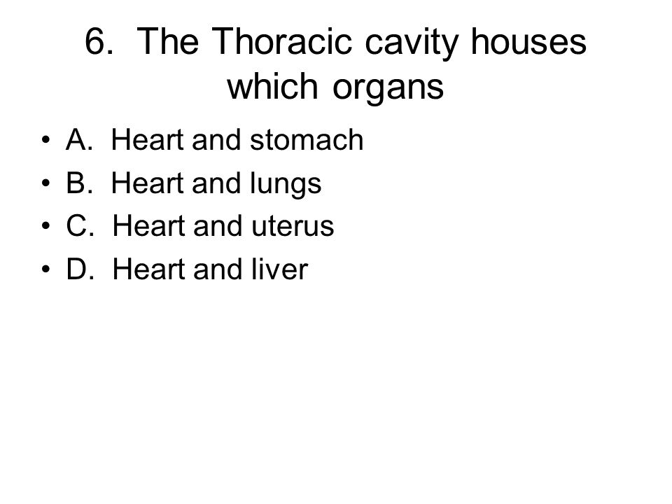 6. The Thoracic cavity houses which organs A. Heart and stomach B.
