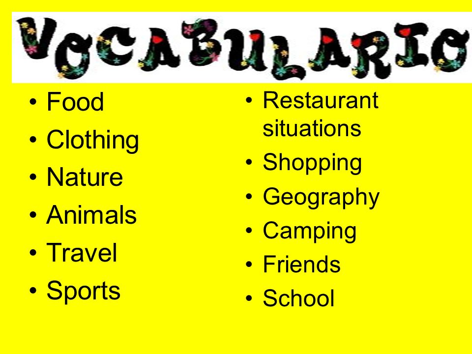 Food Clothing Nature Animals Travel Sports Restaurant situations Shopping Geography Camping Friends School