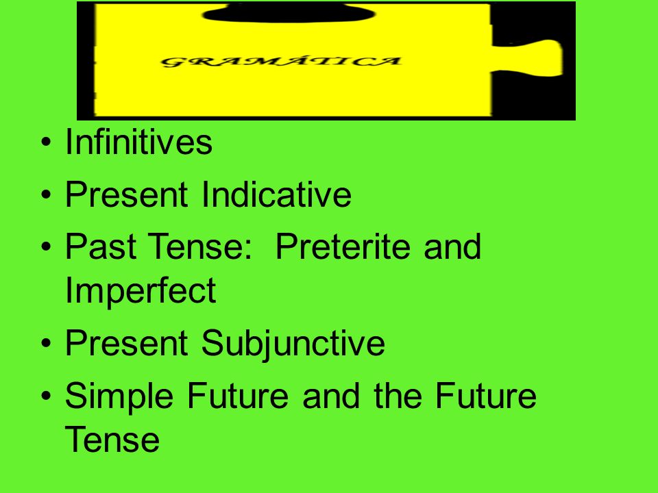 Infinitives Present Indicative Past Tense: Preterite and Imperfect Present Subjunctive Simple Future and the Future Tense