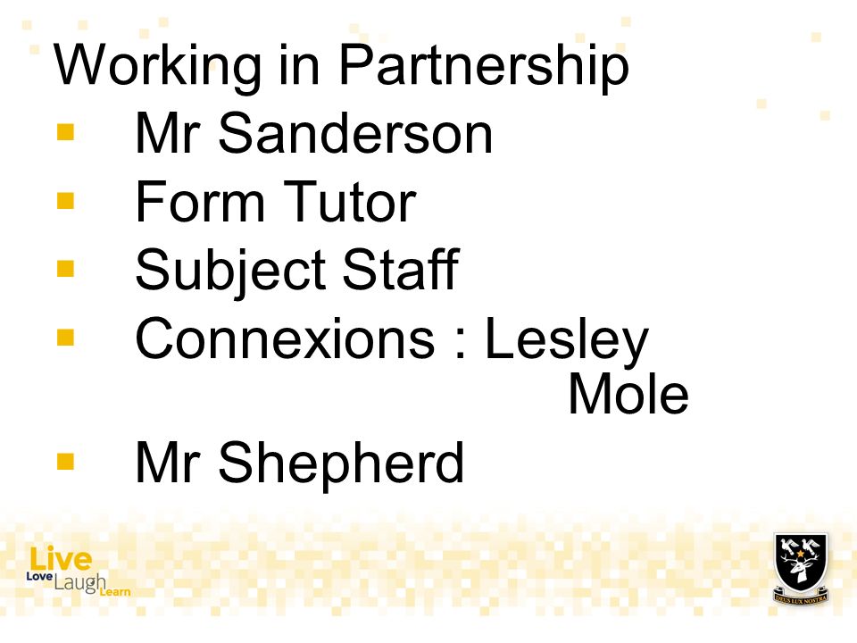 Working in Partnership  Mr Sanderson  Form Tutor  Subject Staff  Connexions : Lesley Mole  Mr Shepherd