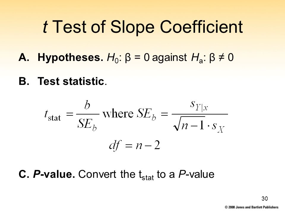 30 t Test of Slope Coefficient A.Hypotheses. H 0 : β = 0 against H a : β ≠ 0 B.Test statistic.