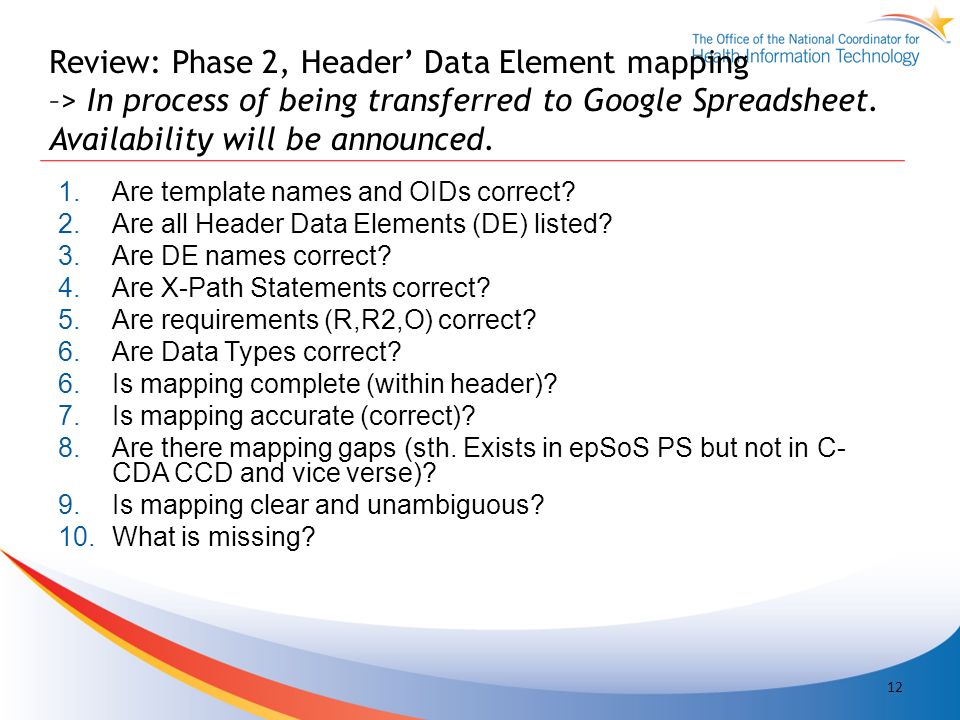 Review: Phase 2, Header’ Data Element mapping –> In process of being transferred to Google Spreadsheet.
