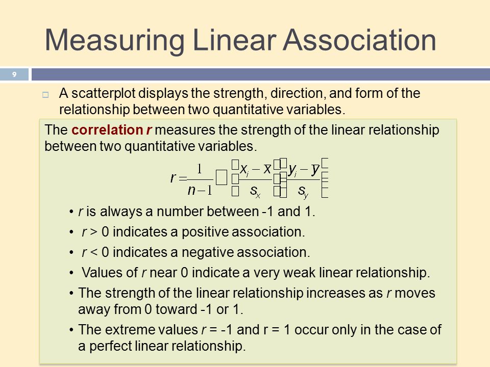Measuring Linear Association 9  A scatterplot displays the strength, direction, and form of the relationship between two quantitative variables.