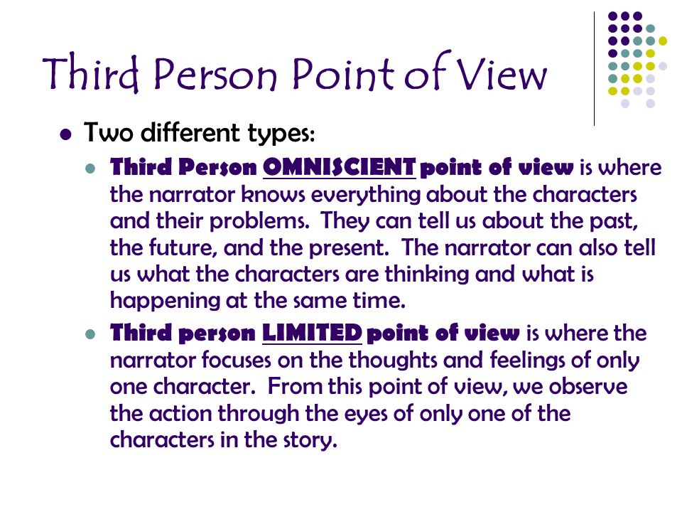Third Person Point of View Two different types: Third Person OMNISCIENT point of view is where the narrator knows everything about the characters and their problems.