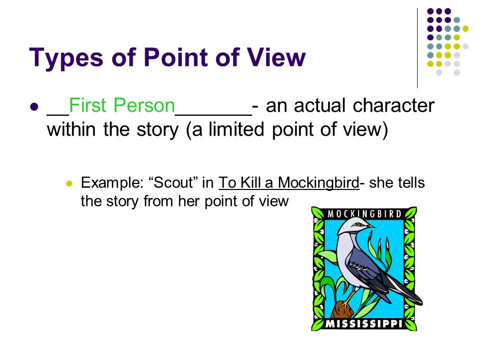 Types of Point of View ________________- an actual character within the story (a limited point of view) Example: Scout in To Kill a Mockingbird- she tells the story from her point of view