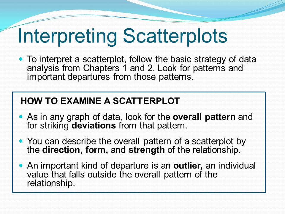 Interpreting Scatterplots To interpret a scatterplot, follow the basic strategy of data analysis from Chapters 1 and 2.