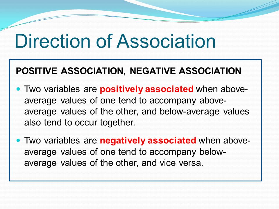 Direction of Association POSITIVE ASSOCIATION, NEGATIVE ASSOCIATION Two variables are positively associated when above- average values of one tend to accompany above- average values of the other, and below-average values also tend to occur together.