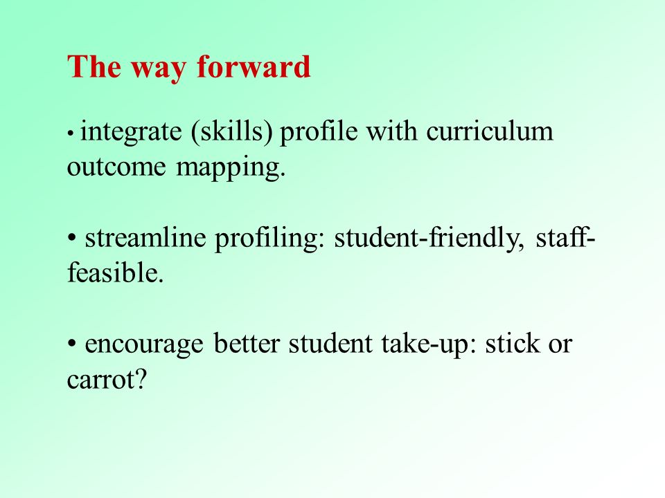 The way forward integrate (skills) profile with curriculum outcome mapping.