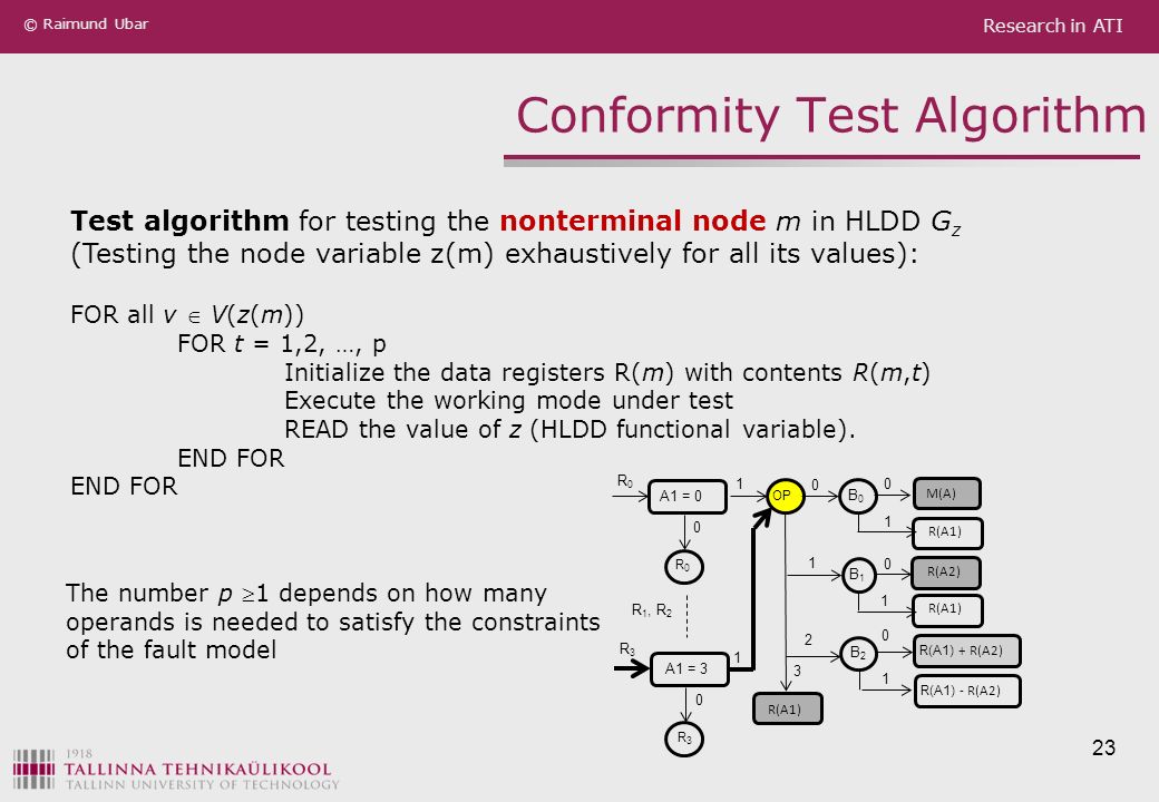 Research in ATI © Raimund Ubar 23 Conformity Test Algorithm Test algorithm for testing the nonterminal node m in HLDD G z (Testing the node variable z(m) exhaustively for all its values): FOR all v  V(z(m)) FOR t = 1,2, …, p Initialize the data registers R(m) with contents R(m,t) Execute the working mode under test READ the value of z (HLDD functional variable).