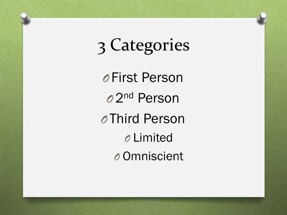 3 Categories O First Person O 2 nd Person O Third Person O Limited O Omniscient
