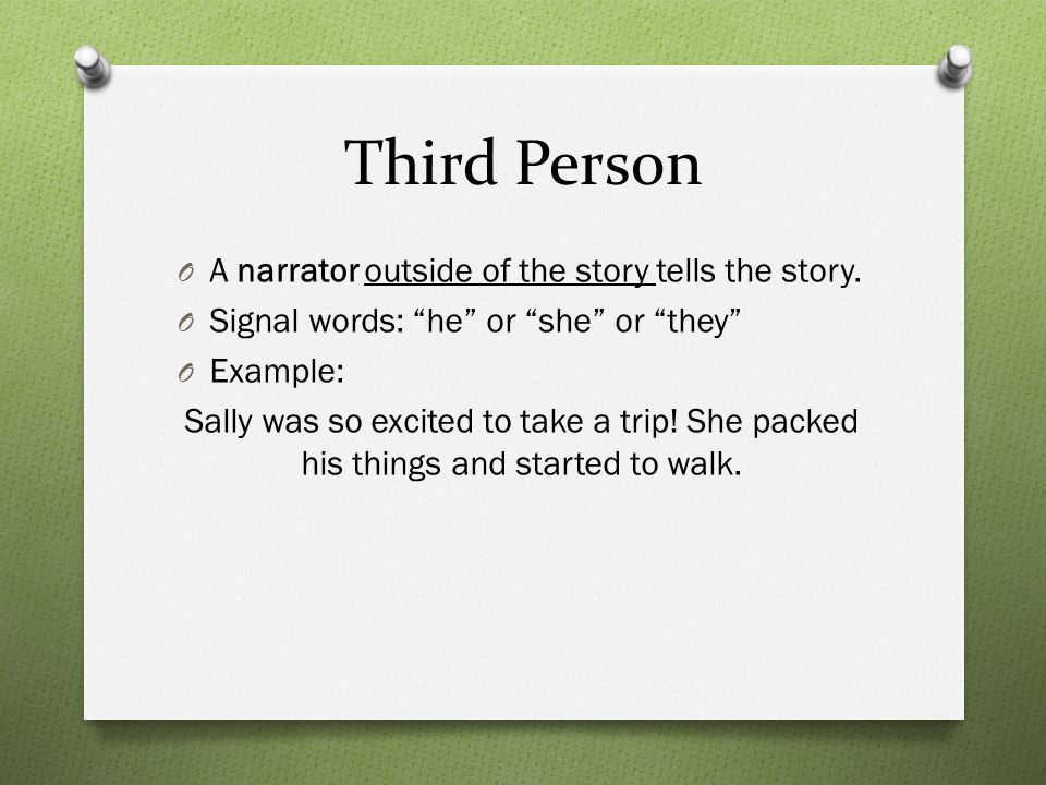 Third Person O A narrator outside of the story tells the story.