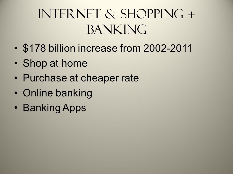 Internet & Shopping + Banking $178 billion increase from Shop at home Purchase at cheaper rate Online banking Banking Apps