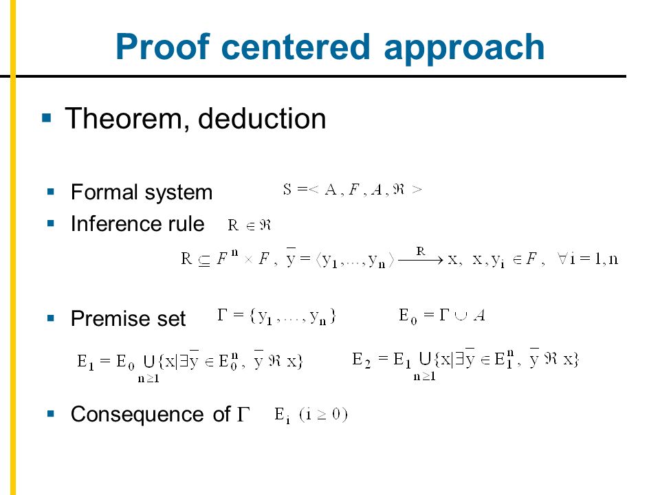 Proof centered approach  Theorem, deduction  Formal system  Inference rule  Premise set  Consequence of 