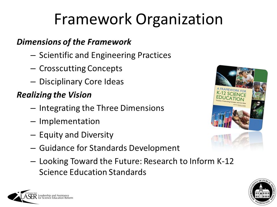 Framework Organization Dimensions of the Framework – Scientific and Engineering Practices – Crosscutting Concepts – Disciplinary Core Ideas Realizing the Vision – Integrating the Three Dimensions – Implementation – Equity and Diversity – Guidance for Standards Development – Looking Toward the Future: Research to Inform K-12 Science Education Standards