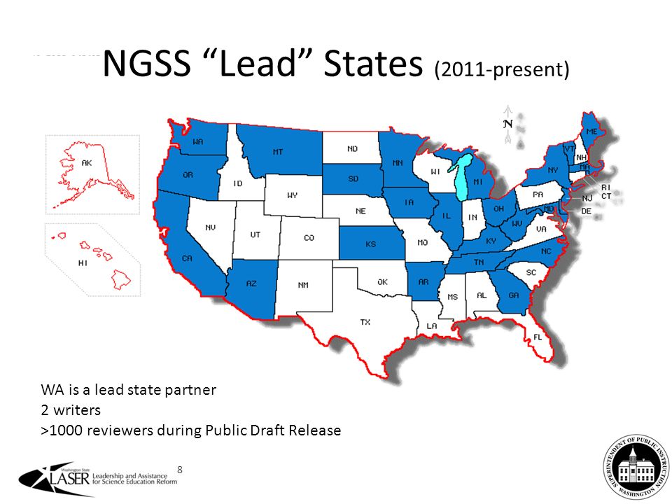 WA is a lead state partner 2 writers >1000 reviewers during Public Draft Release NGSS Lead States (2011-present) 8
