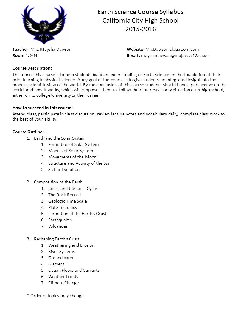 Earth Science Course Syllabus California City High School