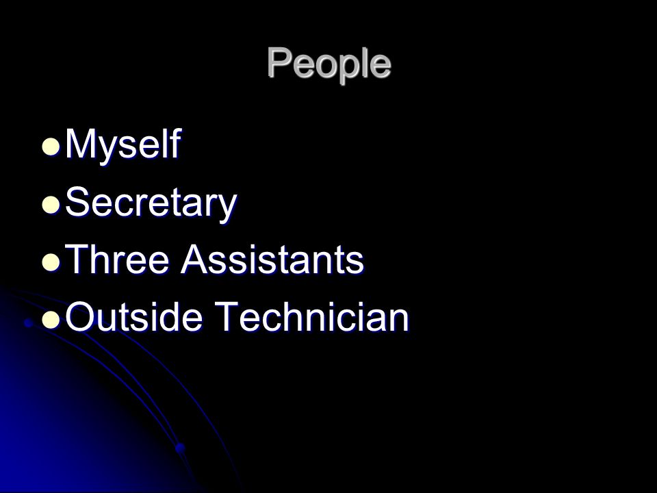 People Myself Myself Secretary Secretary Three Assistants Three Assistants Outside Technician Outside Technician