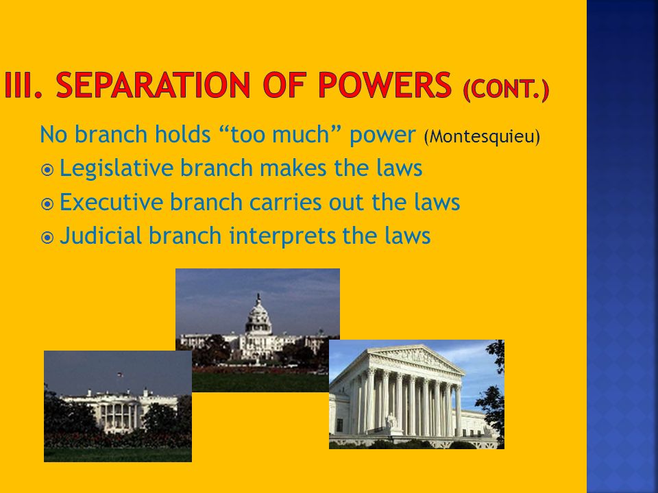  The US Government is divided into three branches so that no one branch has all the power.