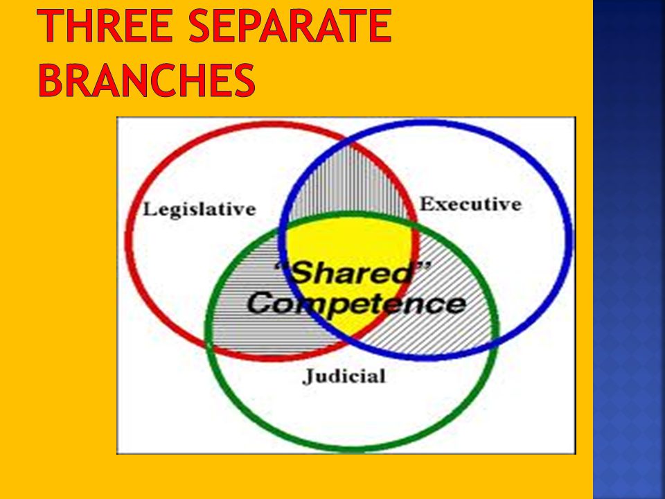 No branch holds too much power (Montesquieu)  Legislative branch makes the laws  Executive branch carries out the laws  Judicial branch interprets the laws