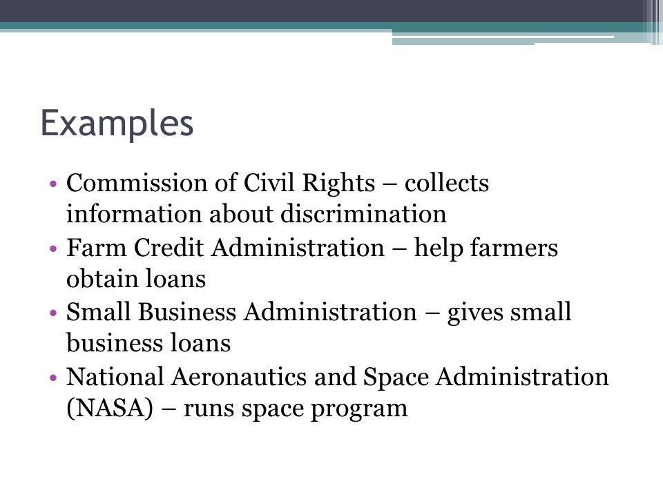 Examples Commission of Civil Rights – collects information about discrimination Farm Credit Administration – help farmers obtain loans Small Business Administration – gives small business loans National Aeronautics and Space Administration (NASA) – runs space program