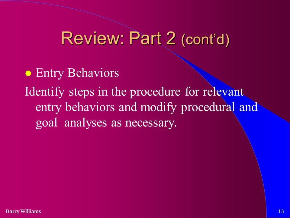 Barry Williams13 Review: Part 2 (cont’d) Entry Behaviors Identify steps in the procedure for relevant entry behaviors and modify procedural and goal analyses as necessary.