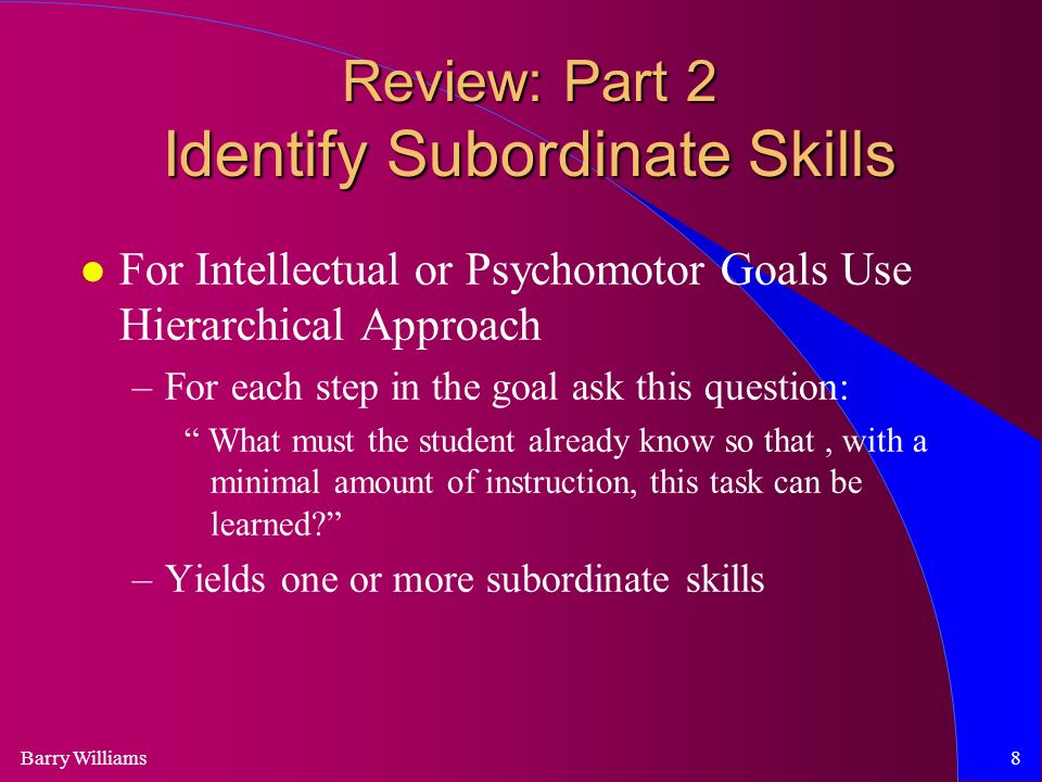 Barry Williams8 Review: Part 2 Identify Subordinate Skills For Intellectual or Psychomotor Goals Use Hierarchical Approach –For each step in the goal ask this question: What must the student already know so that, with a minimal amount of instruction, this task can be learned –Yields one or more subordinate skills
