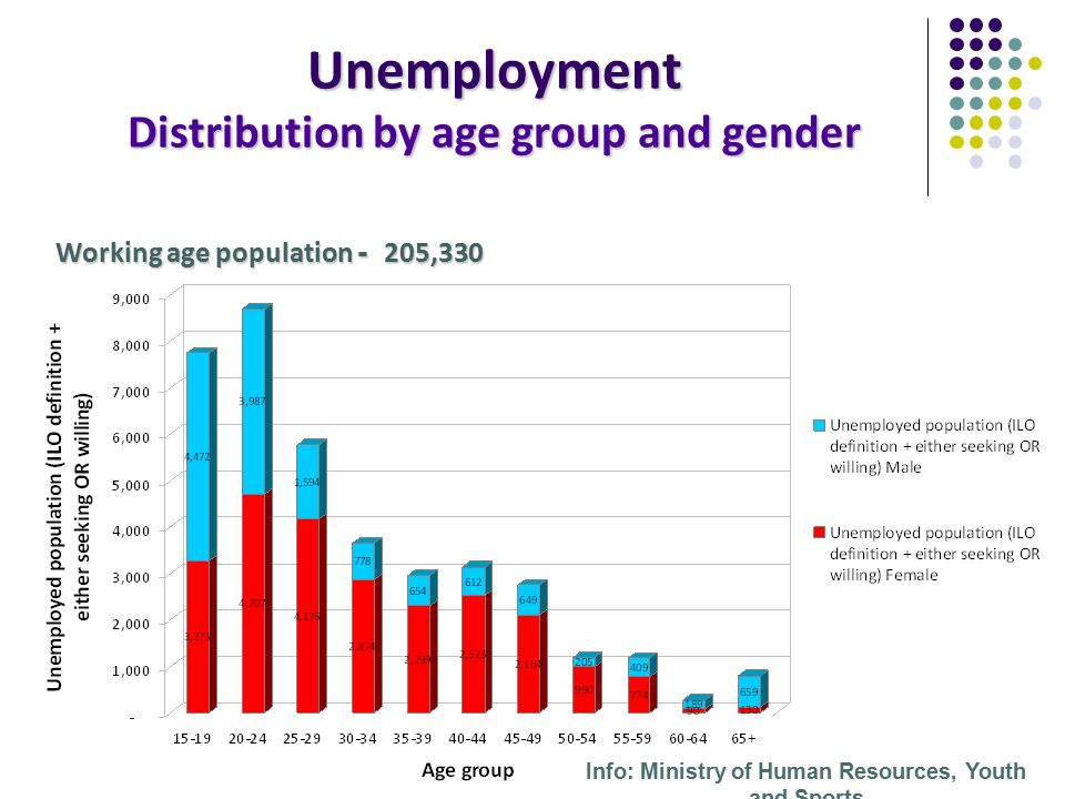 Unemployment Distribution by age group and gender Working age population - 205,330 Info: Ministry of Human Resources, Youth and Sports