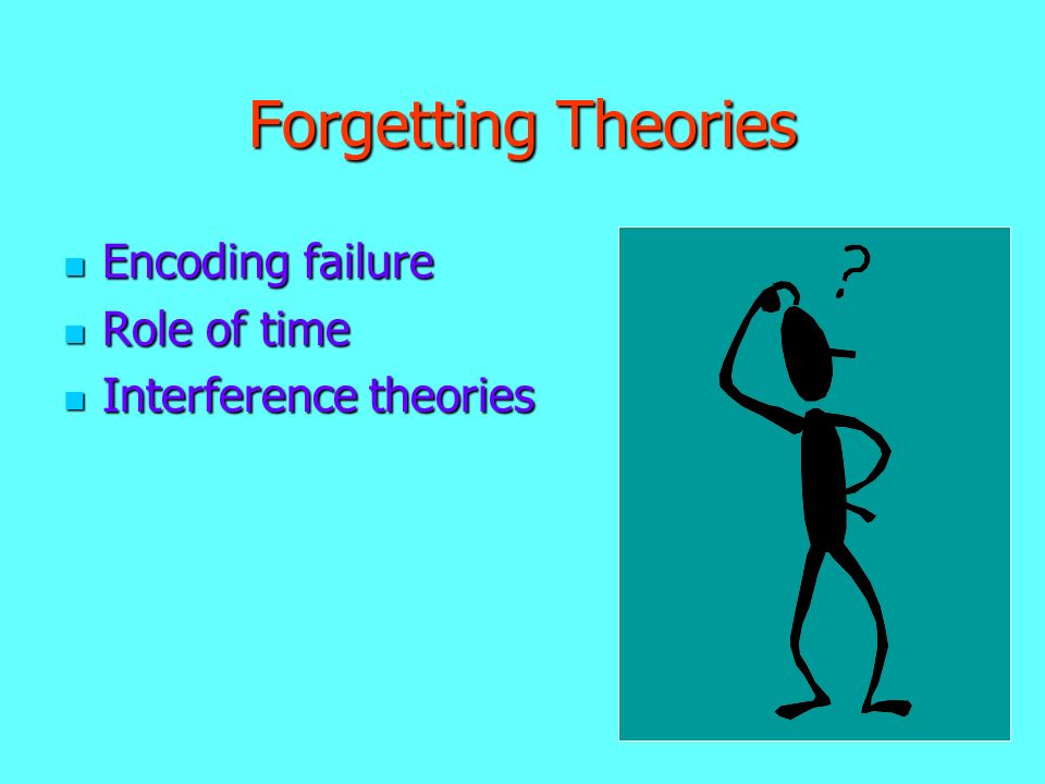 Forgetting Theories Encoding failure Encoding failure Role of time Role of time Interference theories Interference theories