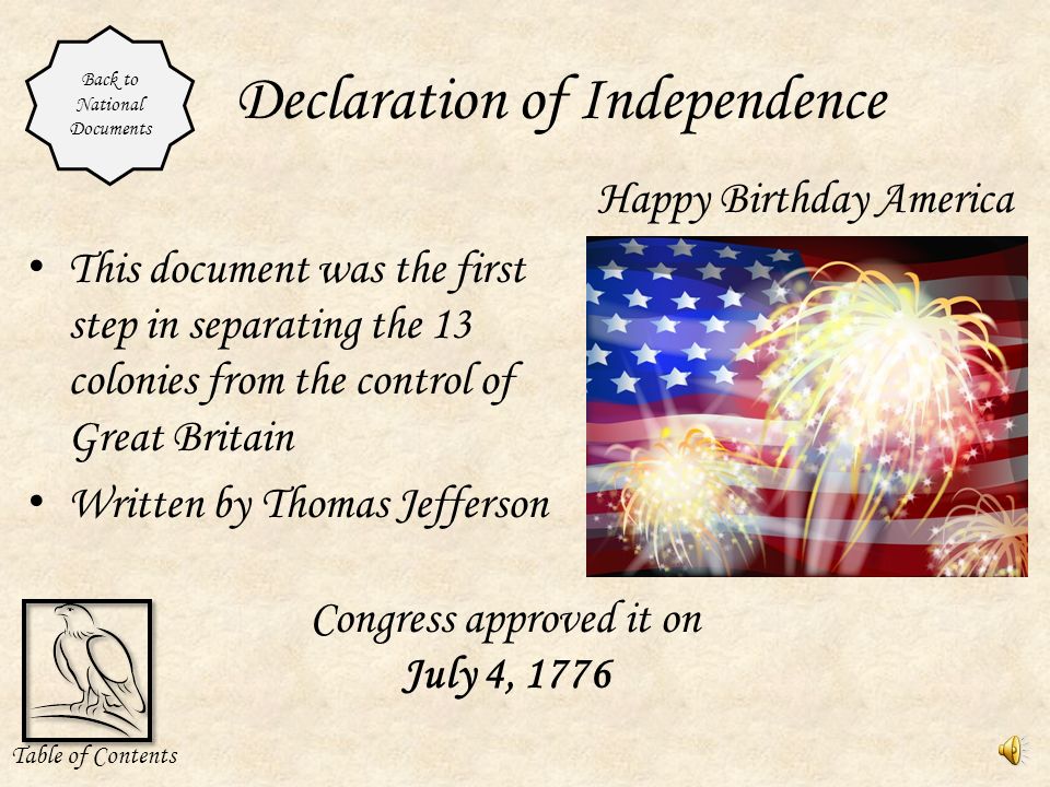 National Documents Declaration of Independence The Constitution Table of Contents