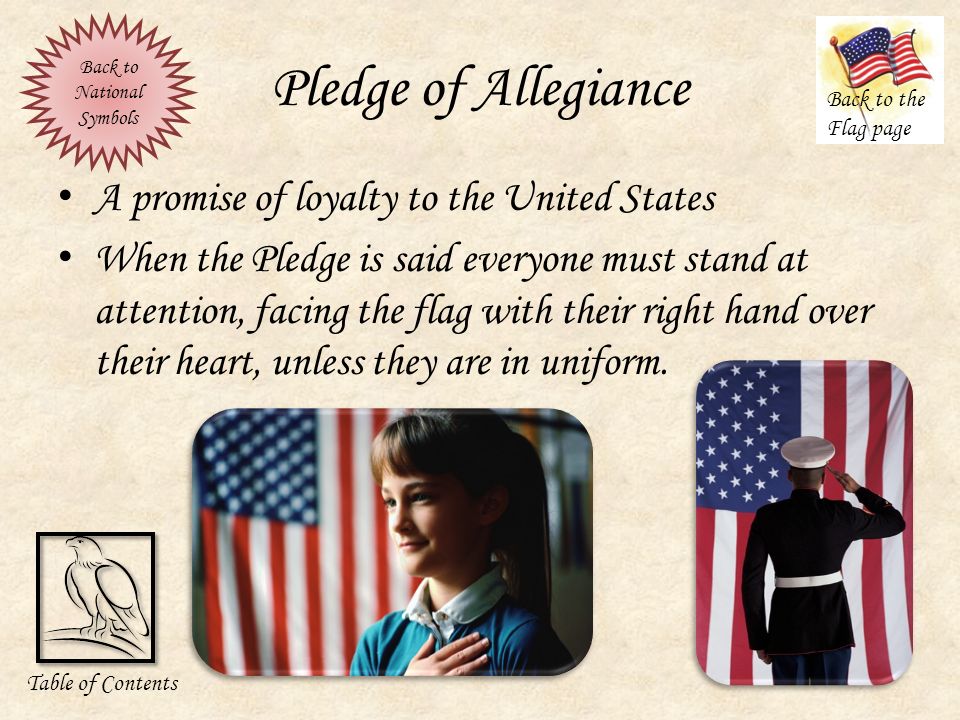 Pledge of Allegiance I pledge allegiance to the Flag of the United States of America, and to the Republic for which it stands, one Nation under God, indivisible, with liberty and justice for all.