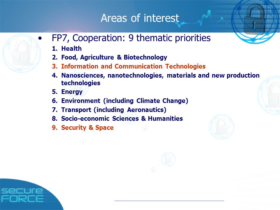 Areas of interest FP7, Cooperation: 9 thematic priorities 1.Health 2.Food, Agriculture & Biotechnology 3.Information and Communication Technologies 4.Nanosciences, nanotechnologies, materials and new production technologies 5.Energy 6.Environment (including Climate Change) 7.Transport (including Aeronautics) 8.Socio-economic Sciences & Humanities 9.Security & Space