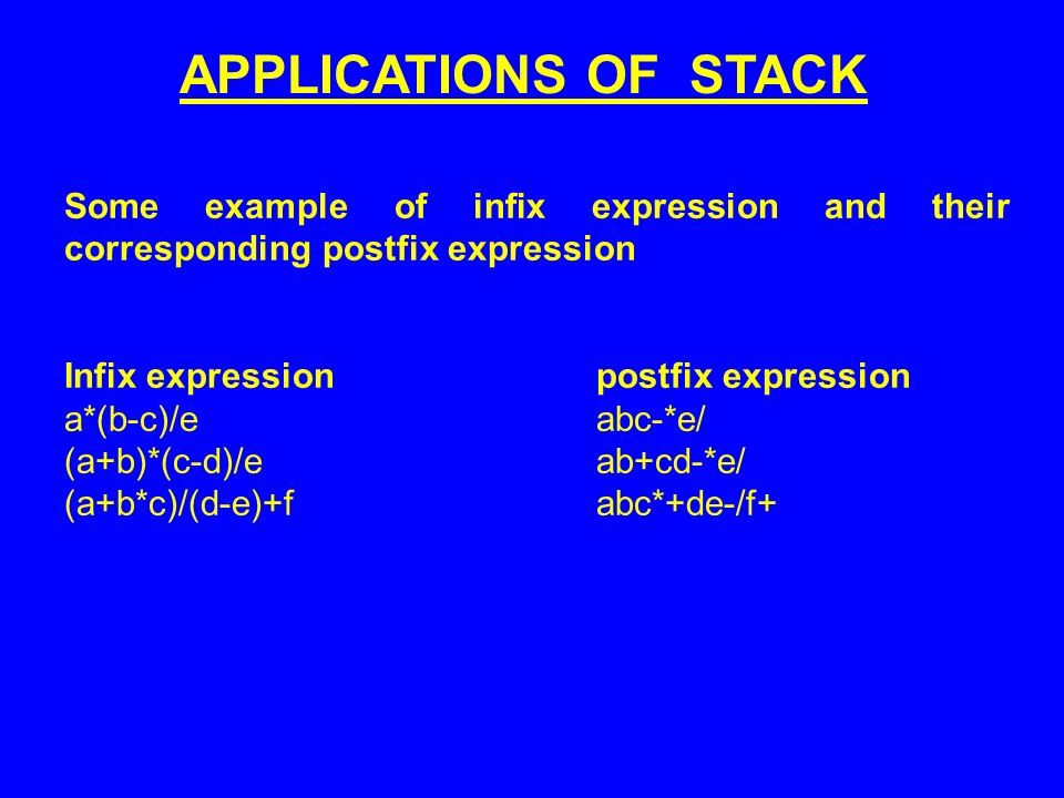 Some example of infix expression and their corresponding postfix expression Infix expressionpostfix expression a*(b-c)/eabc-*e/ (a+b)*(c-d)/eab+cd-*e/ (a+b*c)/(d-e)+fabc*+de-/f+ APPLICATIONS OF STACK