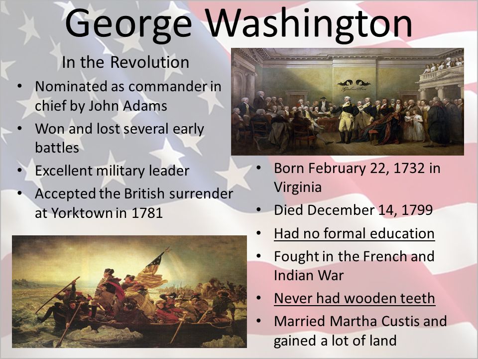 George Washington In the Revolution Nominated as commander in chief by John Adams Won and lost several early battles Excellent military leader Accepted the British surrender at Yorktown in 1781 Born February 22, 1732 in Virginia Died December 14, 1799 Had no formal education Fought in the French and Indian War Never had wooden teeth Married Martha Custis and gained a lot of land