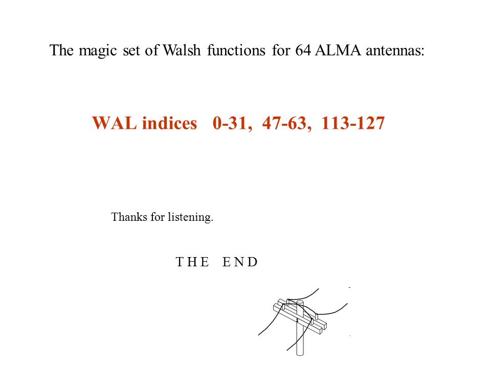 WAL indices 0-31, 47-63, The magic set of Walsh functions for 64 ALMA antennas: Thanks for listening.