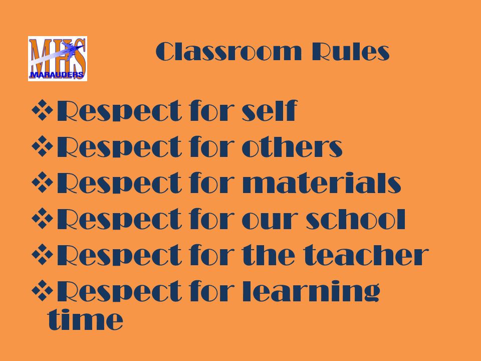 Classroom Rules  Respect for self  Respect for others  Respect for materials  Respect for our school  Respect for the teacher  Respect for learning time