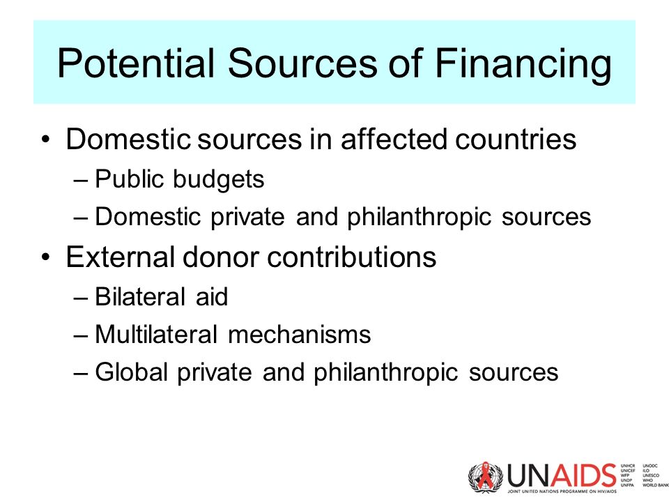 Potential Sources of Financing Domestic sources in affected countries –Public budgets –Domestic private and philanthropic sources External donor contributions –Bilateral aid –Multilateral mechanisms –Global private and philanthropic sources