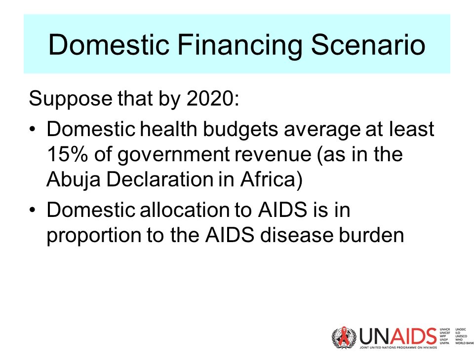 Domestic Financing Scenario Suppose that by 2020: Domestic health budgets average at least 15% of government revenue (as in the Abuja Declaration in Africa) Domestic allocation to AIDS is in proportion to the AIDS disease burden