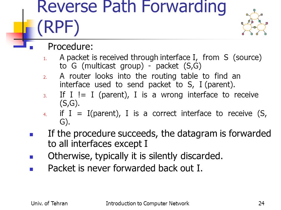 Univ. of TehranIntroduction to Computer Network24 Reverse Path Forwarding (RPF) Procedure: 1.