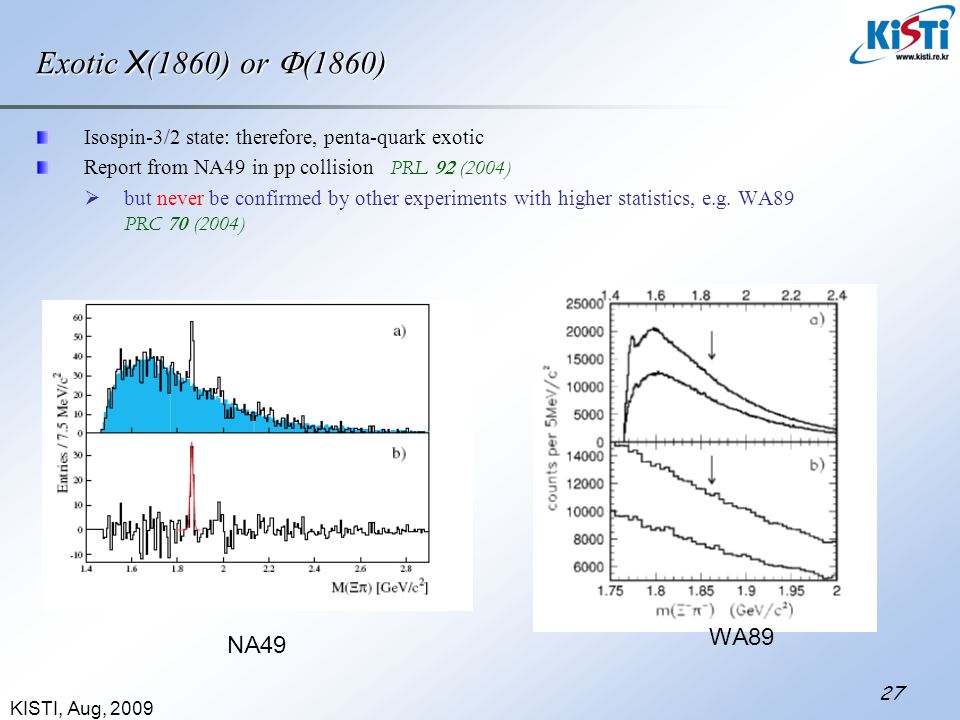 KISTI, Aug, Exotic X (1860) or  (1860) Isospin-3/2 state: therefore, penta-quark exotic Report from NA49 in pp collision PRL 92 (2004)  but never be confirmed by other experiments with higher statistics, e.g.