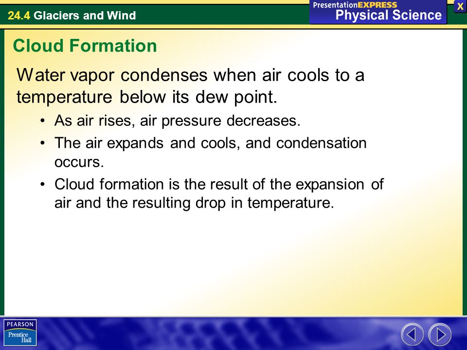 24.4 Glaciers and Wind Water vapor condenses when air cools to a temperature below its dew point.