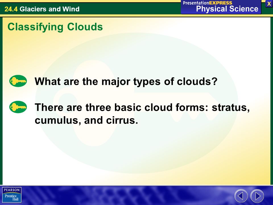 24.4 Glaciers and Wind What are the major types of clouds.
