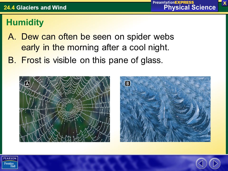 24.4 Glaciers and Wind A.Dew can often be seen on spider webs early in the morning after a cool night.
