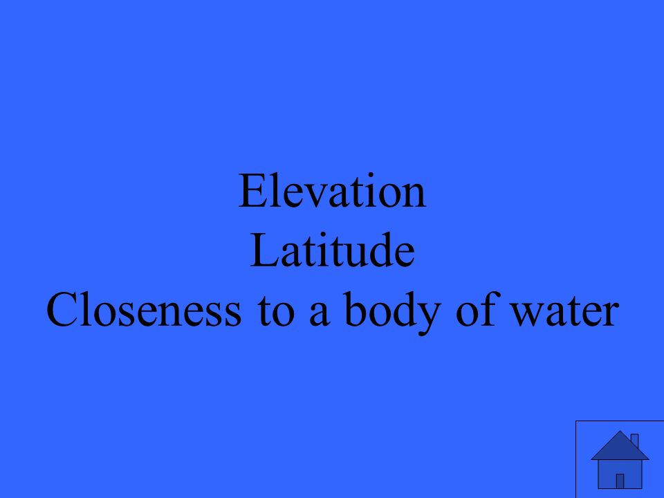 Elevation Latitude Closeness to a body of water